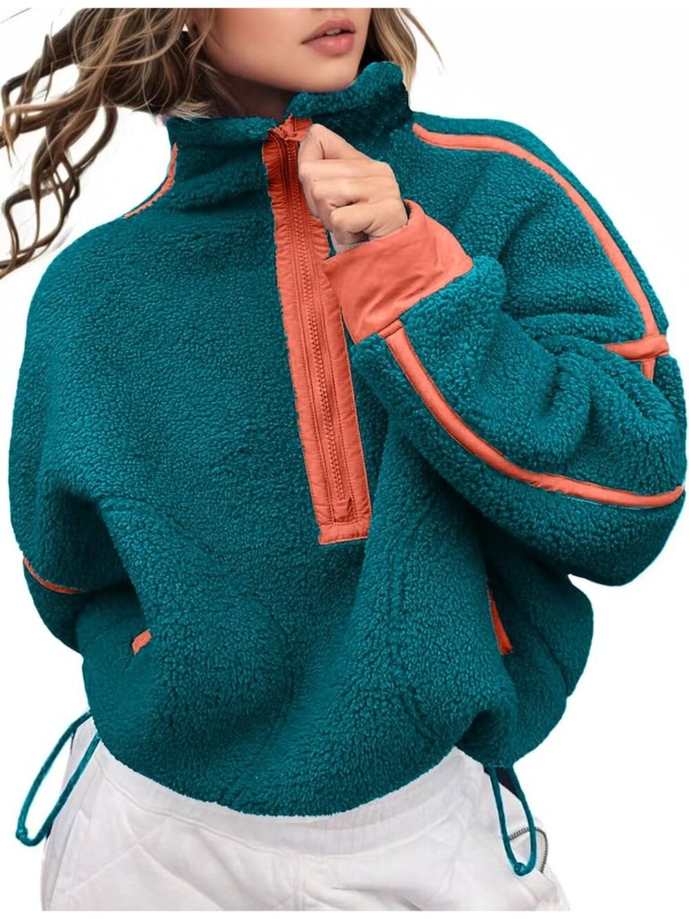 Women’s Red Green Fleece Half ZIP Cropped Pullover Pocket Oversized Sweatshirt